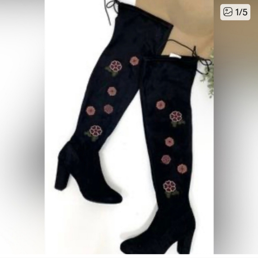 Black Floral Embroidered Over-the-Knee Boots By Chinese Laundry "Briella"